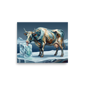 A wonder / awe Expressionism print, 'Primeval Audhumla'. An impasto painting of the mythical Norse cow Audhumla licking a block of ice in a living room, rendered in slate blue and icy teal hues.