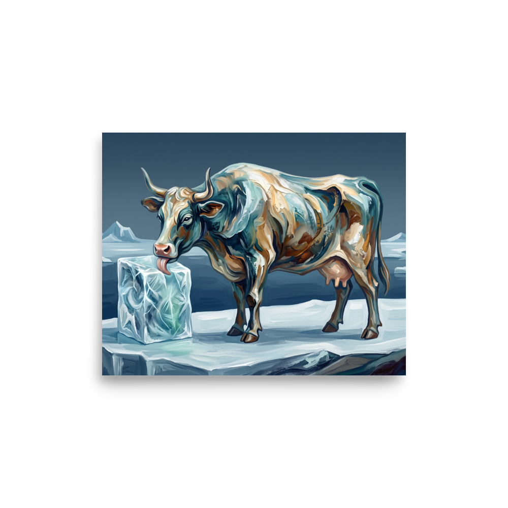 A wonder / awe Expressionism print, 'Primeval Audhumla'. An impasto painting of the mythical Norse cow Audhumla licking a block of ice in a living room, rendered in slate blue and icy teal hues.