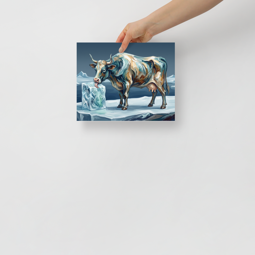 An impasto painting of the mythical Norse cow Audhumla licking a block of ice in a living room, rendered in slate blue and icy teal hues. 'Primeval Audhumla', a Expressionism print for the wall.