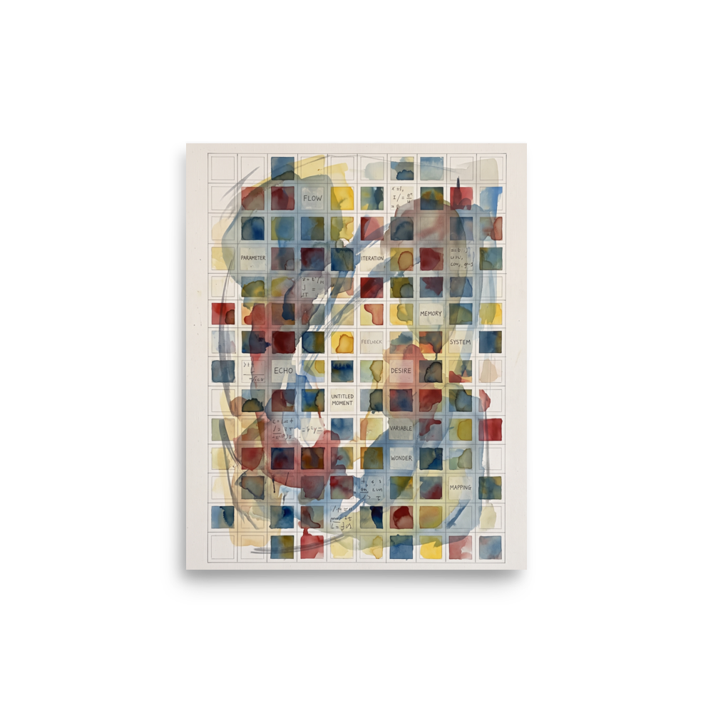 Lyco art wall art exploring art, 'Untitled Moment'. A delicate grid of watercolor squares washed in blue, red, and yellow, inscribed with philosophical words and equations, creating a contemplative art piece for an office or living room.