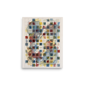 Lyco art wall art exploring art, 'Untitled Moment'. A delicate grid of watercolor squares washed in blue, red, and yellow, inscribed with philosophical words and equations, creating a contemplative art piece for an office or living room.