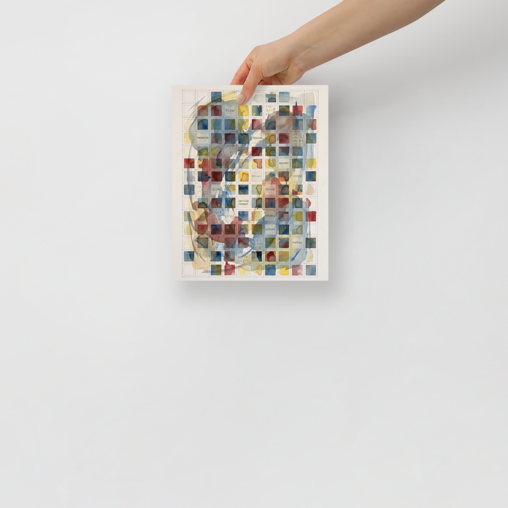 Fine art print 'Untitled Moment' in a Lyco art style. A delicate grid of watercolor squares washed in blue, red, and yellow, inscribed with philosophical words and equations, creating a contemplative art piece for an office or living room.