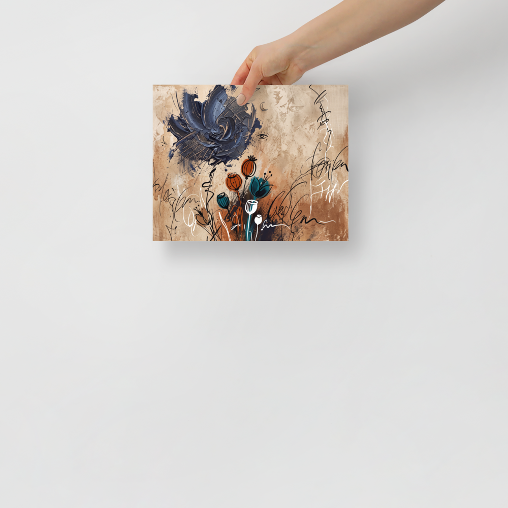 'Nocturnal Blossom' by Meron. A dramatic navy impasto blossom and terracotta seed pods float among calligraphic lines on a textured tan background, creating an intriguing focal point for a living room. A Dau-al-Set wall art print.