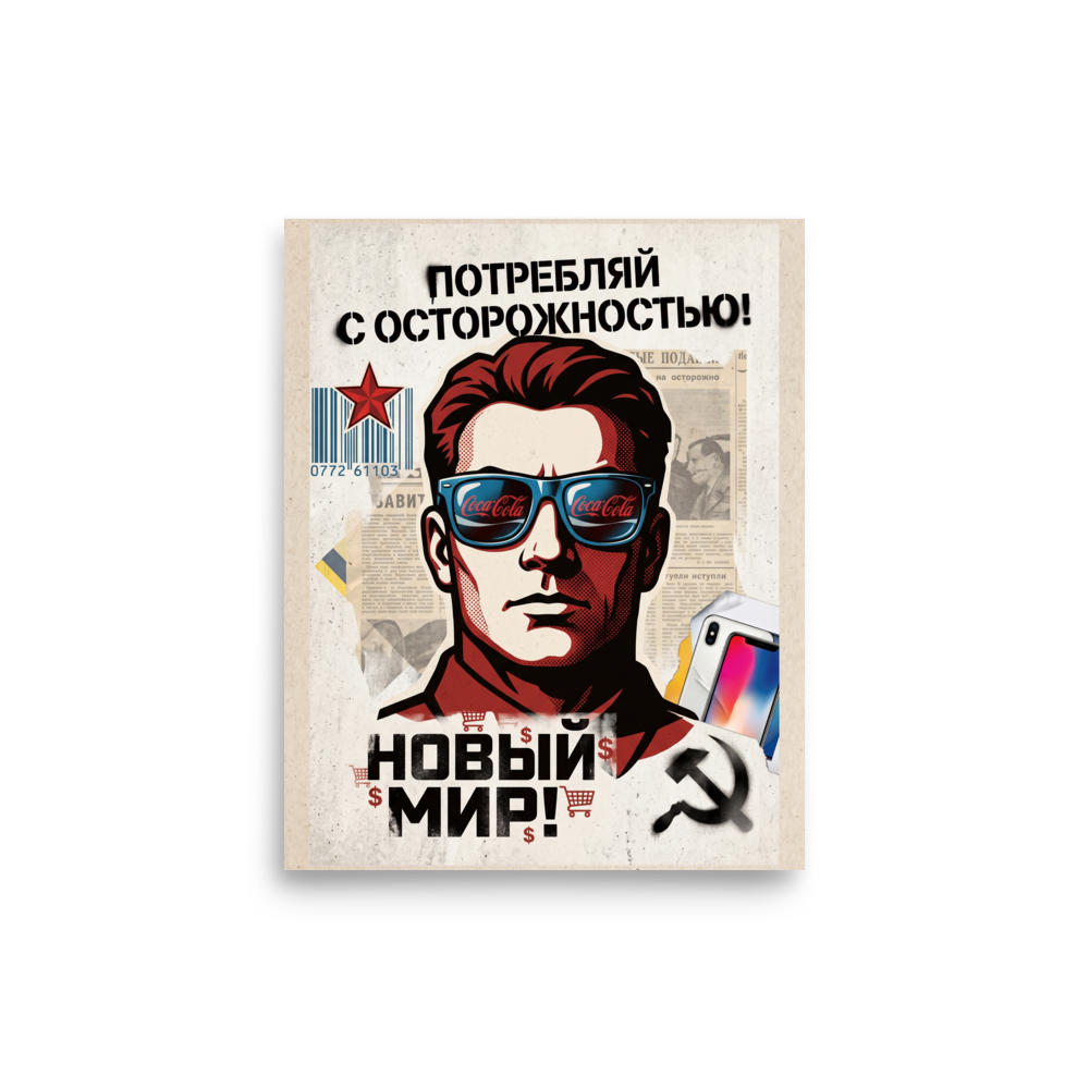 A satirical pop art poster depicting a man in sunglasses reflecting soft drink logos alongside warning typography and consumer symbols, perfect for an eclectic Office or Living Room. A Pop art print with a digital art look, titled 'Consume With Caution'.