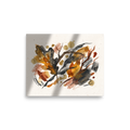 'Autumnal Reverie'. An abstract botanical watercolor painting featuring layered autumn leaves, branches, golden ochre splatters, and textured charcoal scribbles on a warm beige background, perfect for a living room. Offered as a Dau-al-Set print.