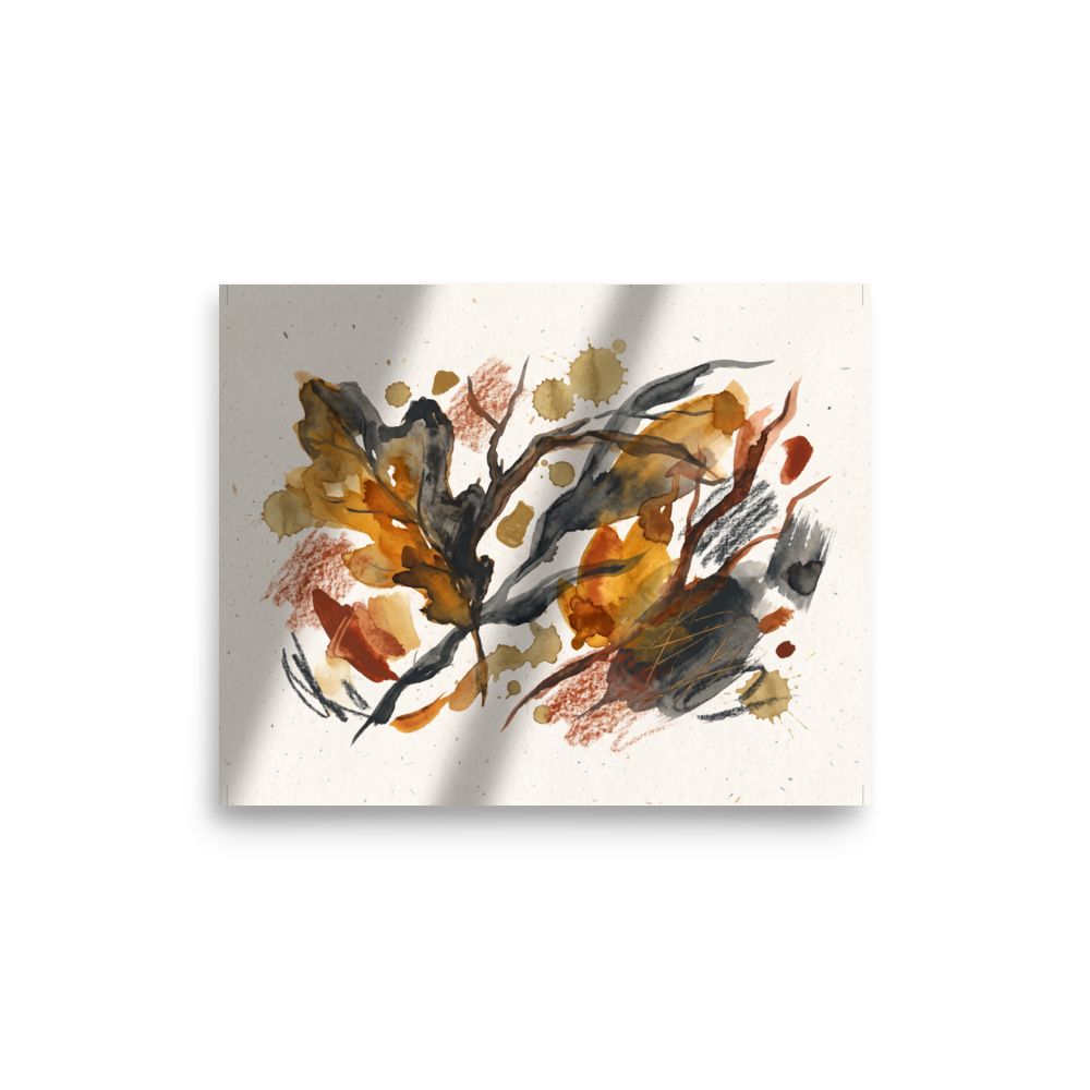 'Autumnal Reverie'. An abstract botanical watercolor painting featuring layered autumn leaves, branches, golden ochre splatters, and textured charcoal scribbles on a warm beige background, perfect for a living room. Offered as a Dau-al-Set print.