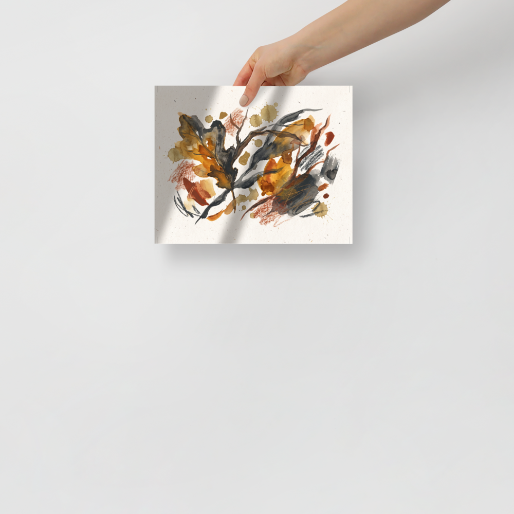 'Autumnal Reverie', part of Meron's Dau-al-Set wall art. An abstract botanical watercolor painting featuring layered autumn leaves, branches, golden ochre splatters, and textured charcoal scribbles on a warm beige background, perfect for a living room.