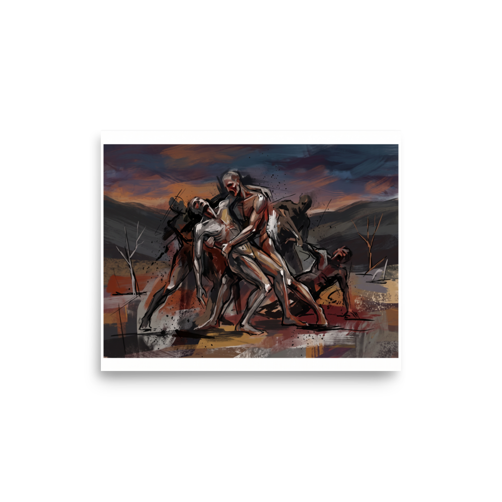 Fine art print 'The Fallen Hero' in a Expressionism style. Expressionist painting of muscular mythic warriors carrying a fallen comrade across a twilight landscape, ideal for a living room wall.