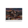 Fine art print 'The Fallen Hero' in a Expressionism style. Expressionist painting of muscular mythic warriors carrying a fallen comrade across a twilight landscape, ideal for a living room wall.