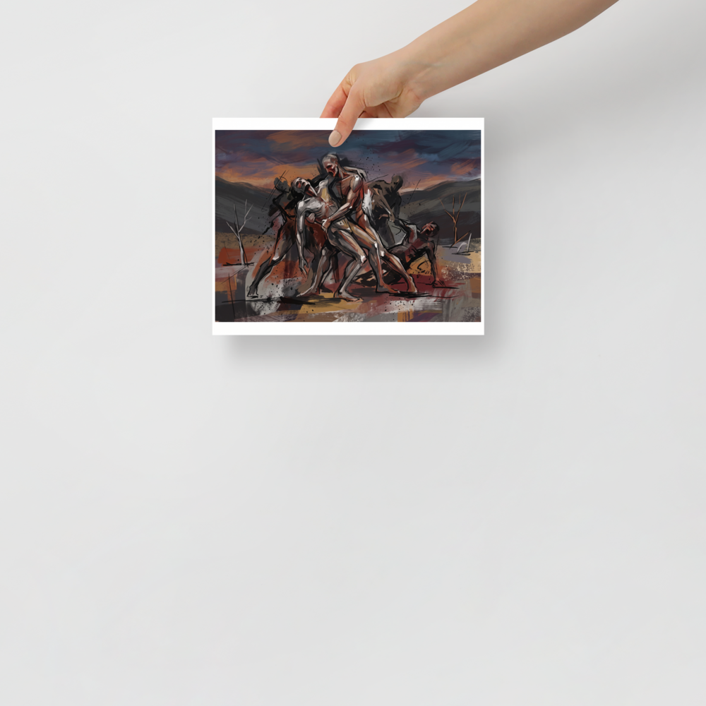 Expressionist painting of muscular mythic warriors carrying a fallen comrade across a twilight landscape, ideal for a living room wall. A brooding piece titled 'The Fallen Hero'.