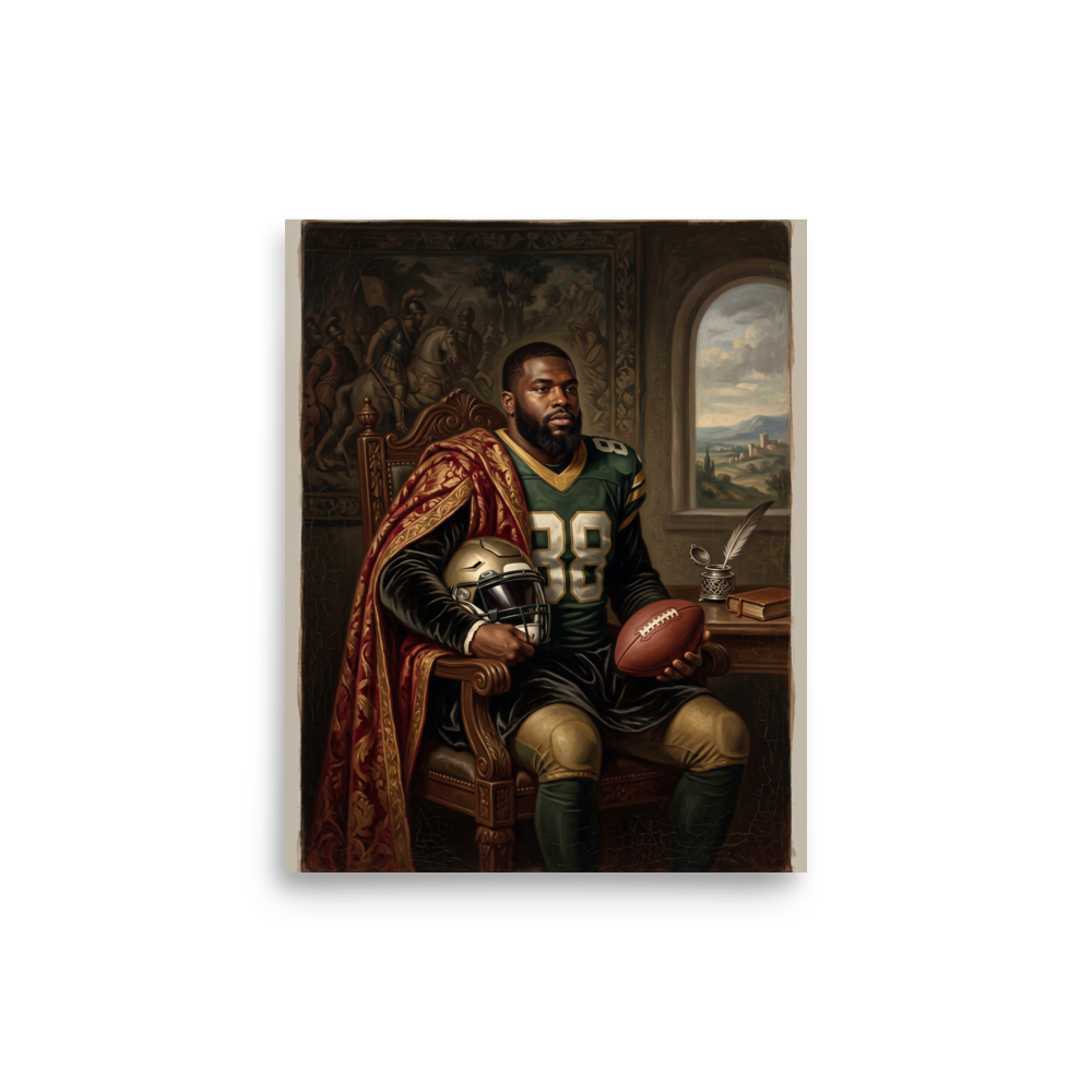 Renaissance wall art, 'The Gridiron Duke'. A classical Renaissance style portrait of an American football player wearing a green jersey and ornate red cloak while seated in a regal chair, ideal for a man cave or office.
