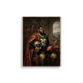 Renaissance wall art, 'The Gridiron Duke'. A classical Renaissance style portrait of an American football player wearing a green jersey and ornate red cloak while seated in a regal chair, ideal for a man cave or office.