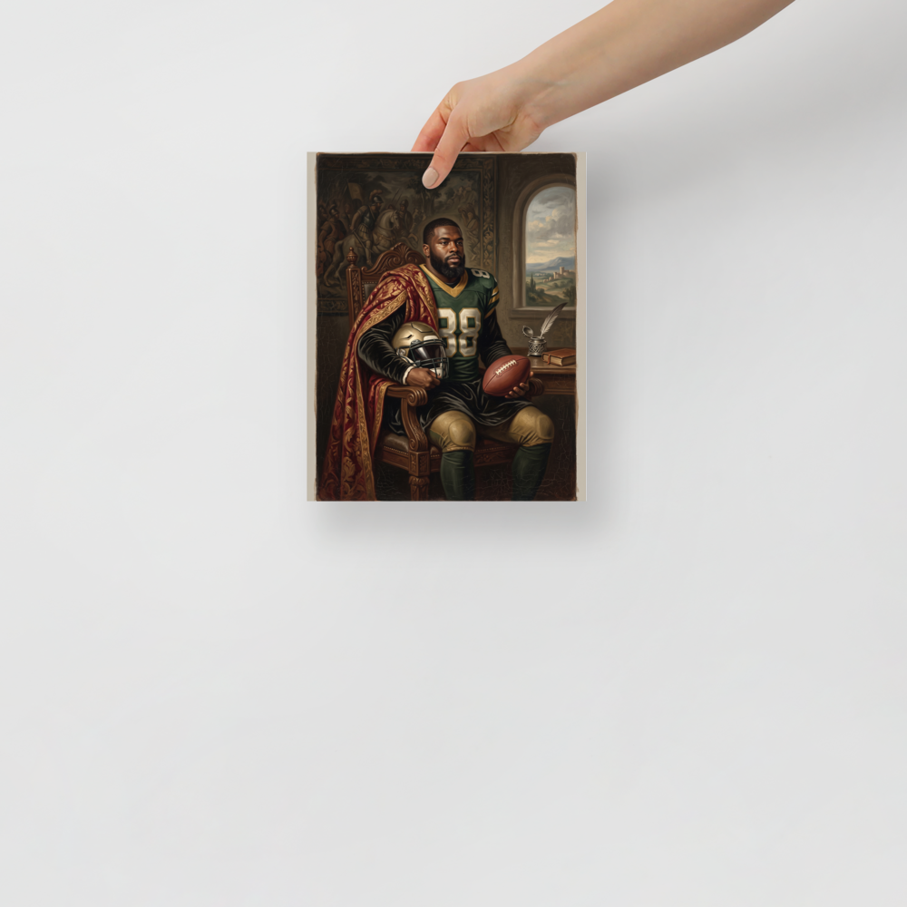 'The Gridiron Duke', a Renaissance wall art print. A classical Renaissance style portrait of an American football player wearing a green jersey and ornate red cloak while seated in a regal chair, ideal for a man cave or office.
