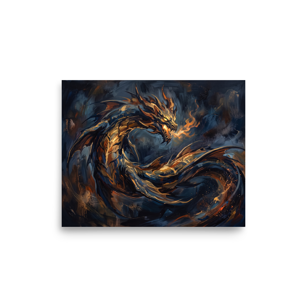 A striking scene in navy and gold, 'Breath of Ember'. An abstract oil painting of a golden dragon breathing fire against a dark navy background, great for a bold Game Room.