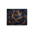 A striking scene in navy and gold, 'Breath of Ember'. An abstract oil painting of a golden dragon breathing fire against a dark navy background, great for a bold Game Room.