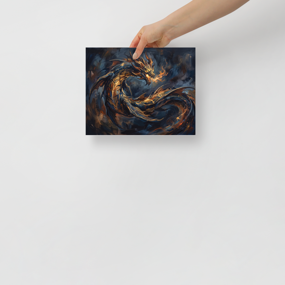 An abstract oil painting of a golden dragon breathing fire against a dark navy background, great for a bold Game Room. Shown here as the Abstract expressionism print 'Breath of Ember'.