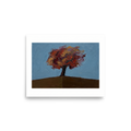 Expressionism wall art for the living room, 'The Lone Autumn'. A thick impasto oil painting of a solitary tree with red and gold autumn leaves on a brown hill against a pale blue sky, perfect for a cozy Living Room or Bedroom.