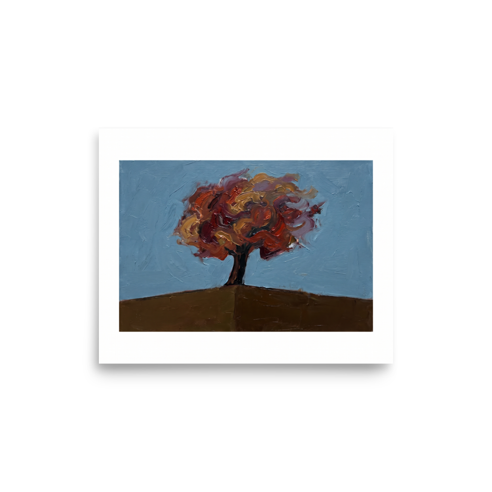 Expressionism wall art for the living room, 'The Lone Autumn'. A thick impasto oil painting of a solitary tree with red and gold autumn leaves on a brown hill against a pale blue sky, perfect for a cozy Living Room or Bedroom.