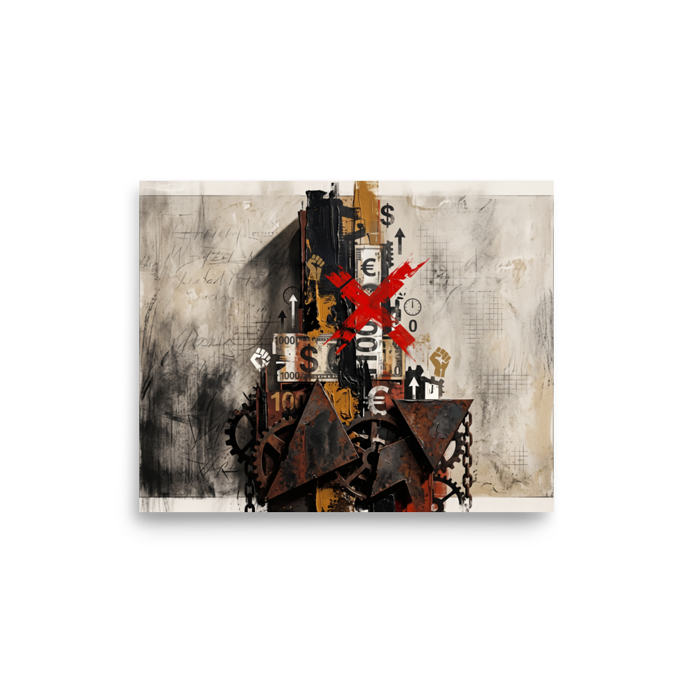 'The Currency of Protest' by Meron. An industrial mixed-media collage featuring rusted gears, currency fragments, raised fist symbols, and a bold red X, making a striking focal point for a modern office or studio. A Dau-al-Set wall art print.