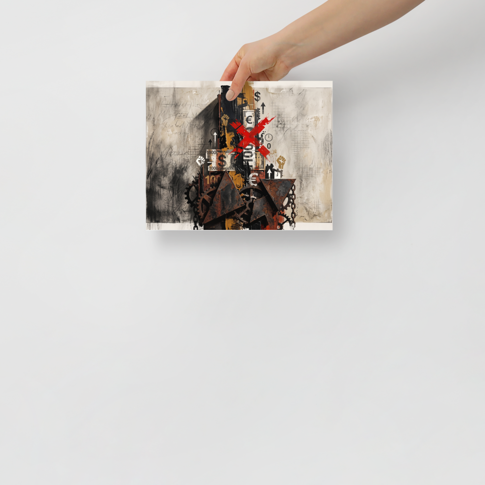A striking Dau-al-Set print, 'The Currency of Protest'. An industrial mixed-media collage featuring rusted gears, currency fragments, raised fist symbols, and a bold red X, making a striking focal point for a modern office or studio.