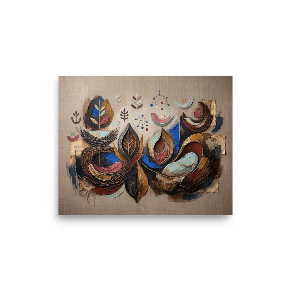 'Organic Cadence and Leaf', a Abstract art wall art print. An abstract composition featuring organic leaf shapes, impasto textures, and delicate geometric elements in earthy tones, ideal for a serene dining room or living room.