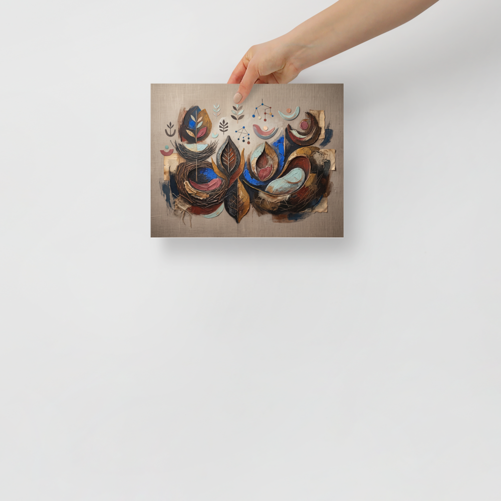 An abstract composition featuring organic leaf shapes, impasto textures, and delicate geometric elements in earthy tones, ideal for a serene dining room or living room. A Abstract art art print titled 'Organic Cadence and Leaf'.