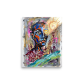 An expressive portrait with blue and orange facial brushwork, a spiral eye, and a glowing lightbulb of inspiration, bringing visionary energy to an office or studio. 'Spark of Consciousness', a Neo-expressionism print for the wall.