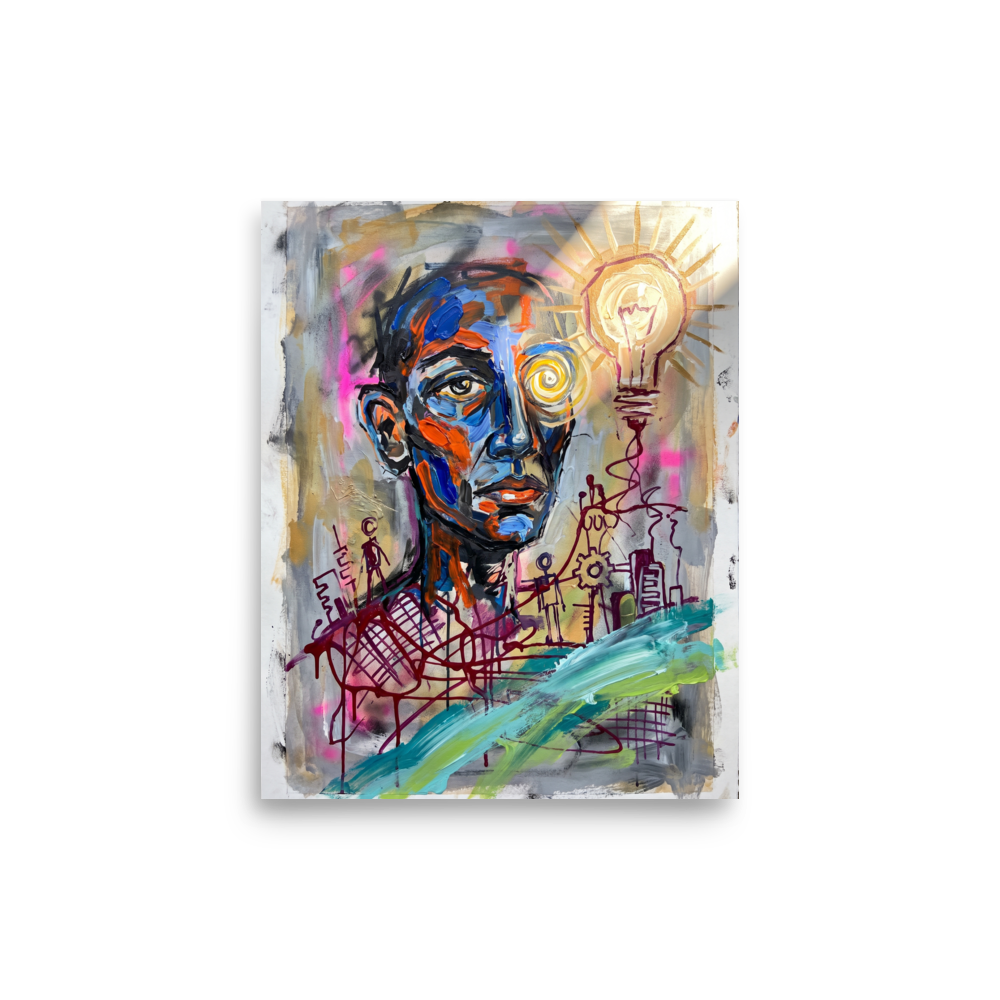 An expressive portrait with blue and orange facial brushwork, a spiral eye, and a glowing lightbulb of inspiration, bringing visionary energy to an office or studio. 'Spark of Consciousness', a Neo-expressionism print for the wall.