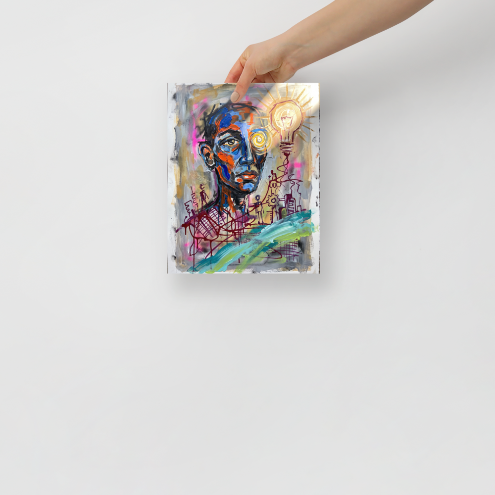 Neo-expressionism wall art for the office, 'Spark of Consciousness'. An expressive portrait with blue and orange facial brushwork, a spiral eye, and a glowing lightbulb of inspiration, bringing visionary energy to an office or studio.