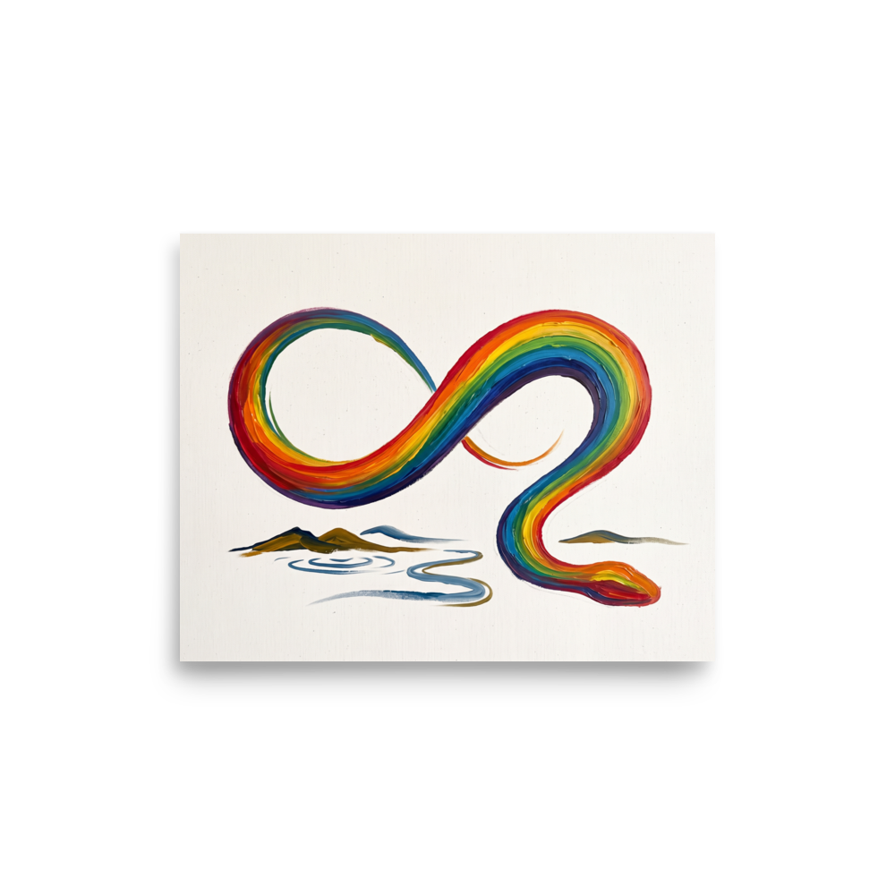 Vibrant impasto painting of a rainbow serpent forming an infinity loop above a river, ideal wall art for a living room. Available as the Expressionism art print 'Eternal Rainbow Serpent'.