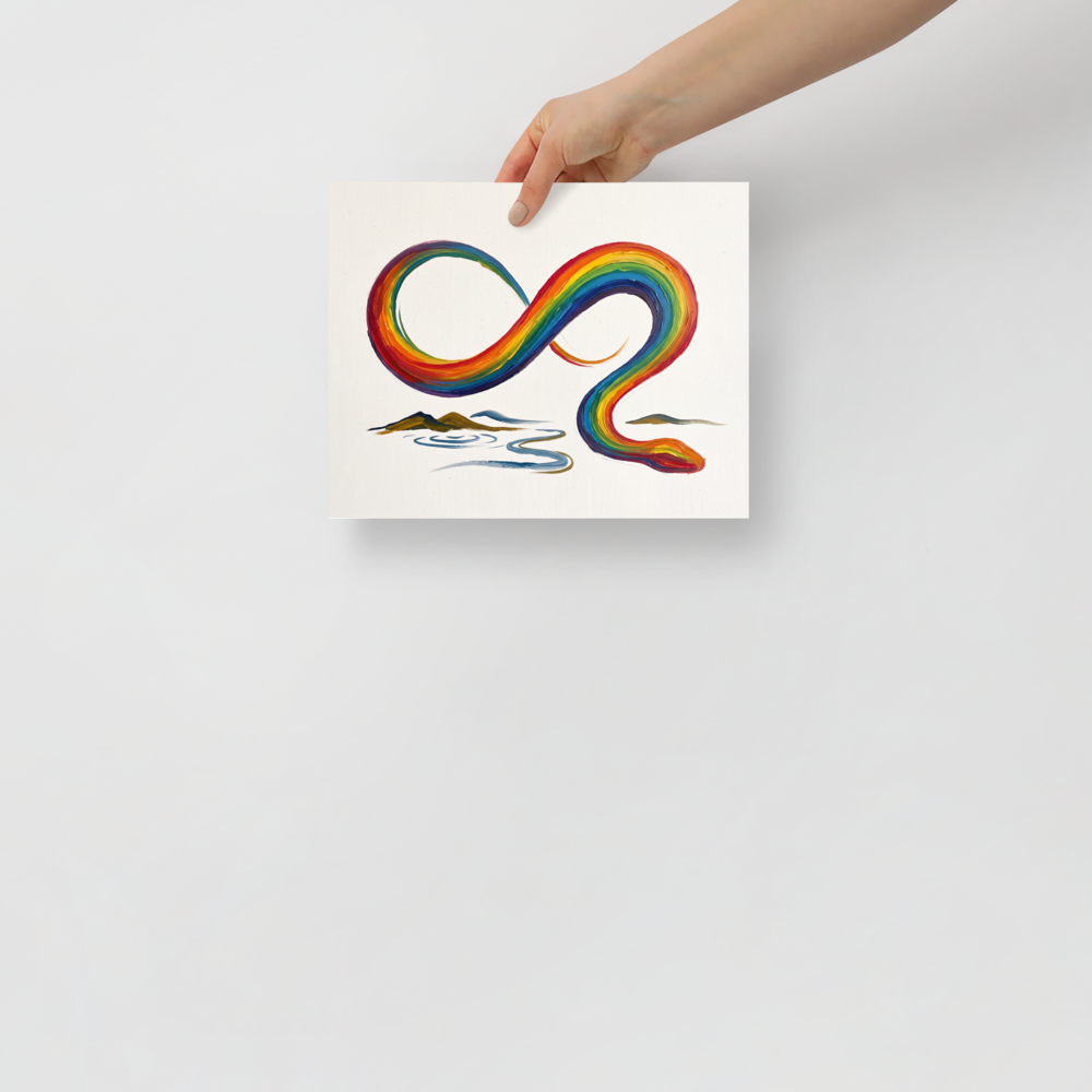 Vibrant impasto painting of a rainbow serpent forming an infinity loop above a river, ideal wall art for a living room. 'Eternal Rainbow Serpent', a Expressionism print for the wall.