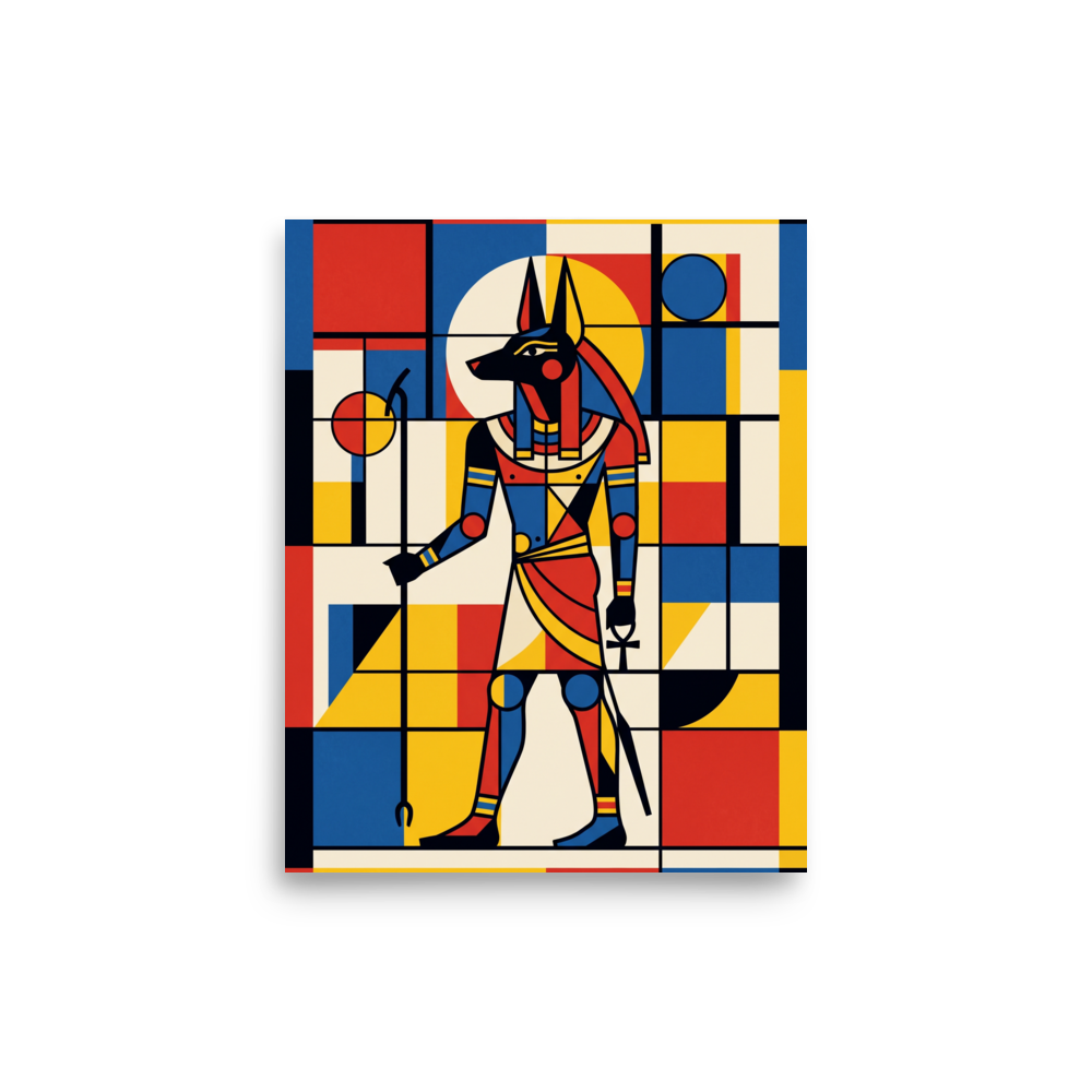 De Stijl (also known as Neoplasticism) wall art for the office, 'Mondrian's Anubis'. A Mondrian-style geometric artwork of the Egyptian god Anubis in primary red, blue, and yellow colors in an Office wall decor setting.