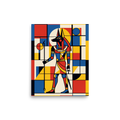 De Stijl (also known as Neoplasticism) wall art for the office, 'Mondrian's Anubis'. A Mondrian-style geometric artwork of the Egyptian god Anubis in primary red, blue, and yellow colors in an Office wall decor setting.