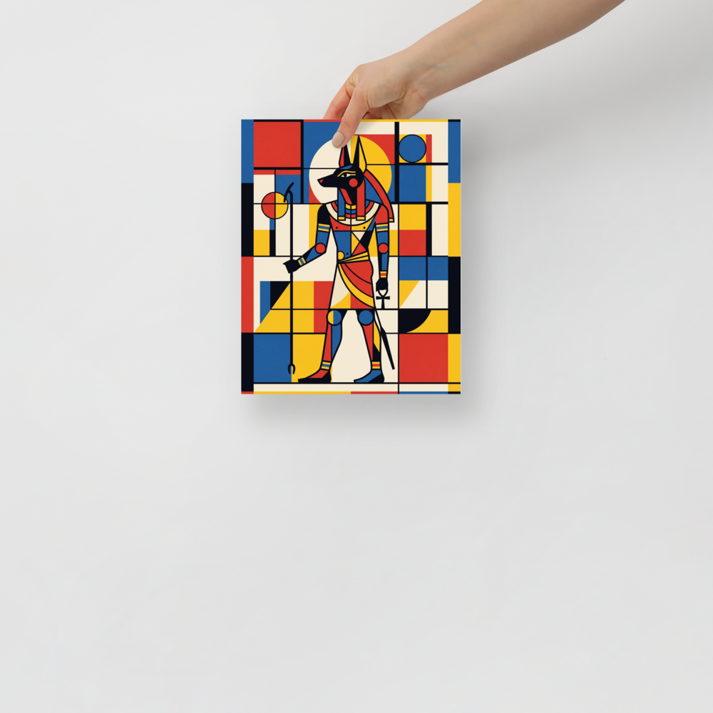 The De Stijl (also known as Neoplasticism) print 'Mondrian's Anubis'. A Mondrian-style geometric artwork of the Egyptian god Anubis in primary red, blue, and yellow colors in an Office wall decor setting.