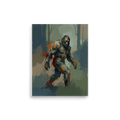 Painterly depiction of Bigfoot walking through a misty forest, ideal for a cabin wall. A Expressionism art print titled 'Forest Wanderer'.