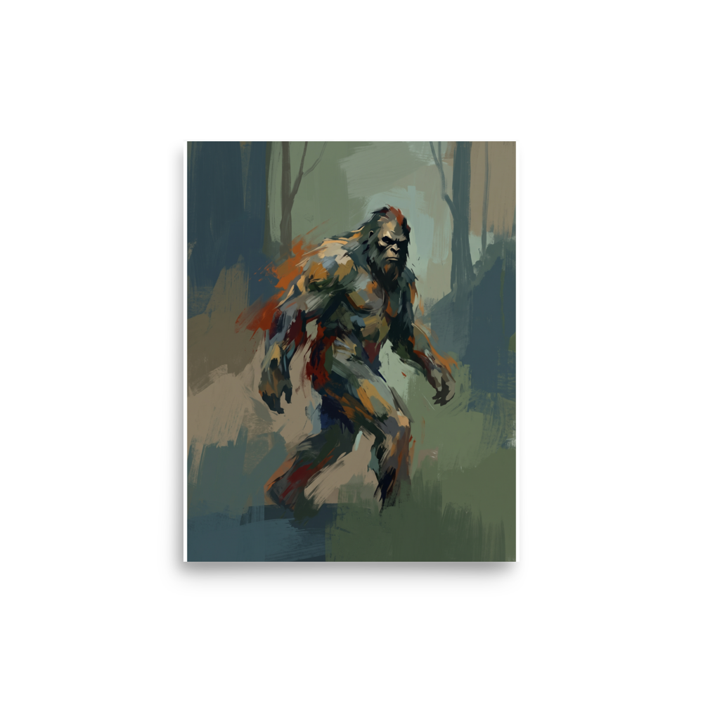 Painterly depiction of Bigfoot walking through a misty forest, ideal for a cabin wall. A Expressionism art print titled 'Forest Wanderer'.