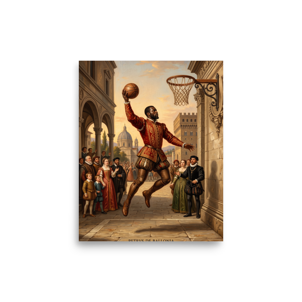A lively / vibrant scene in red and brown, 'Petrus de Ballonia'. An oil painting of a Renaissance athlete in crimson velvet performing a basketball slam dunk in an Italian piazza above an amazed crowd, fitting for a living room or gym.