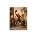A lively / vibrant scene in red and brown, 'Petrus de Ballonia'. An oil painting of a Renaissance athlete in crimson velvet performing a basketball slam dunk in an Italian piazza above an amazed crowd, fitting for a living room or gym.