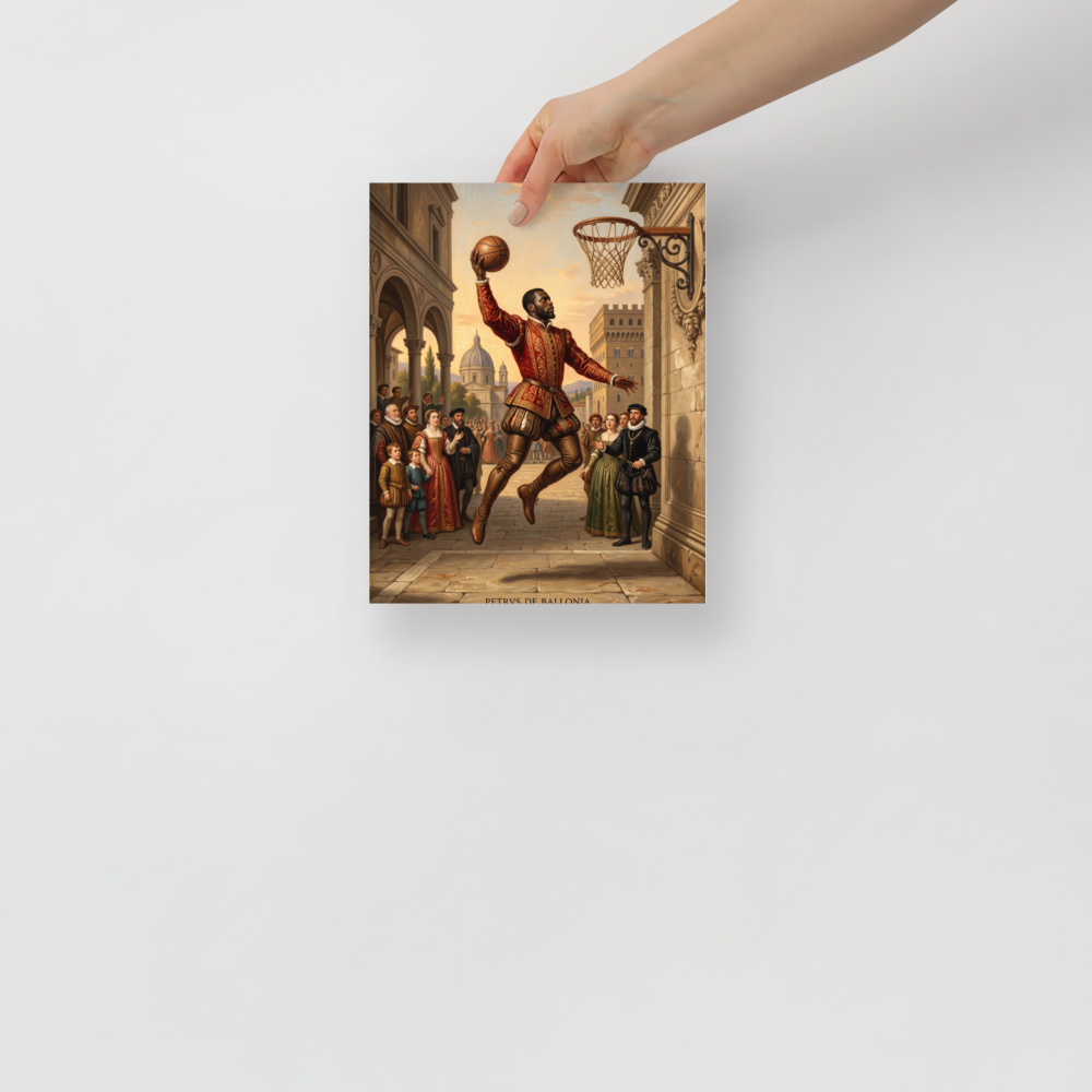 An oil painting of a Renaissance athlete in crimson velvet performing a basketball slam dunk in an Italian piazza above an amazed crowd, fitting for a living room or gym. A lively / vibrant piece titled 'Petrus de Ballonia'.
