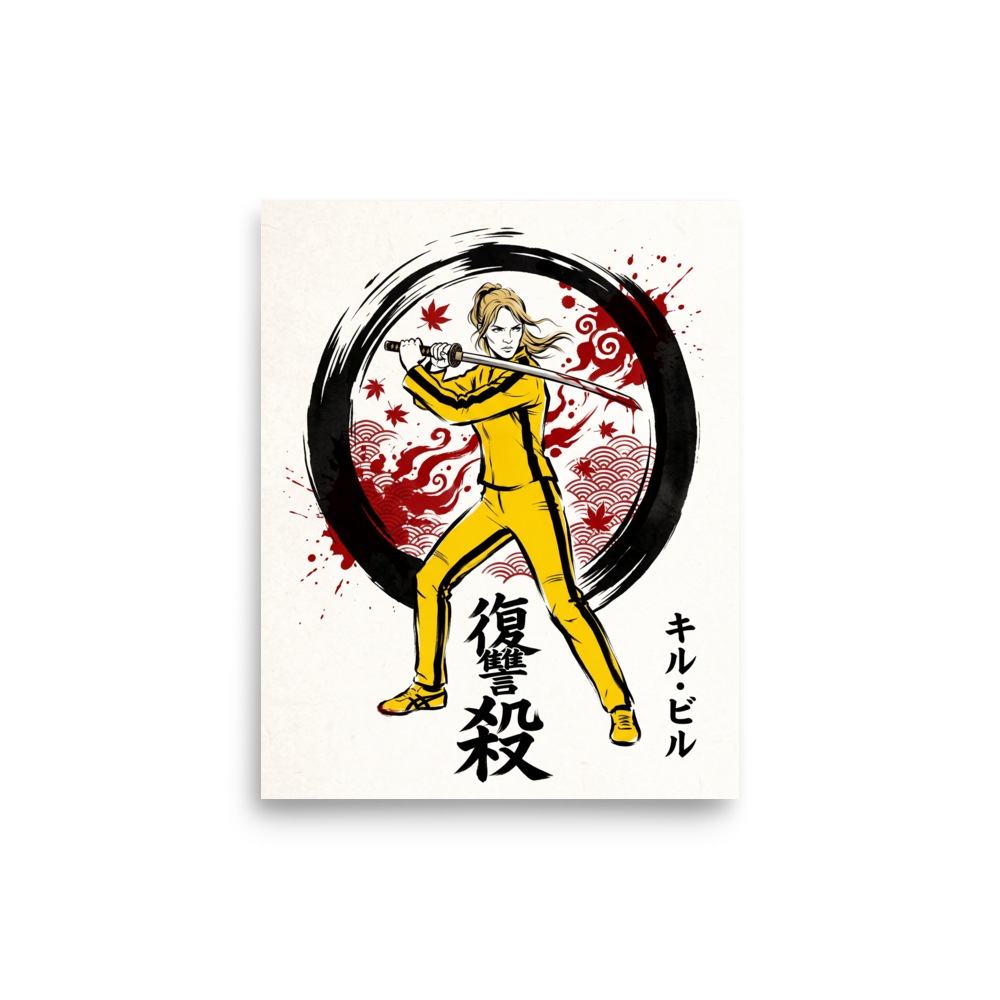 A warrior in a yellow tracksuit holds a katana framed by an ink circle and calligraphy, bringing striking energy to a game room. A Shin hanga print with a digital art look, titled 'The Path of Vengeance'.