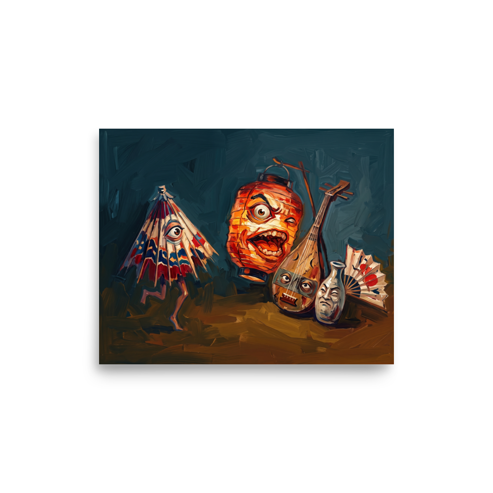'Night of the Tsukumogami'. A vibrant oil painting of Japanese yokai spirits like paper umbrella and lantern monsters in a living room wall art arrangement. Offered as a Japanese art print.