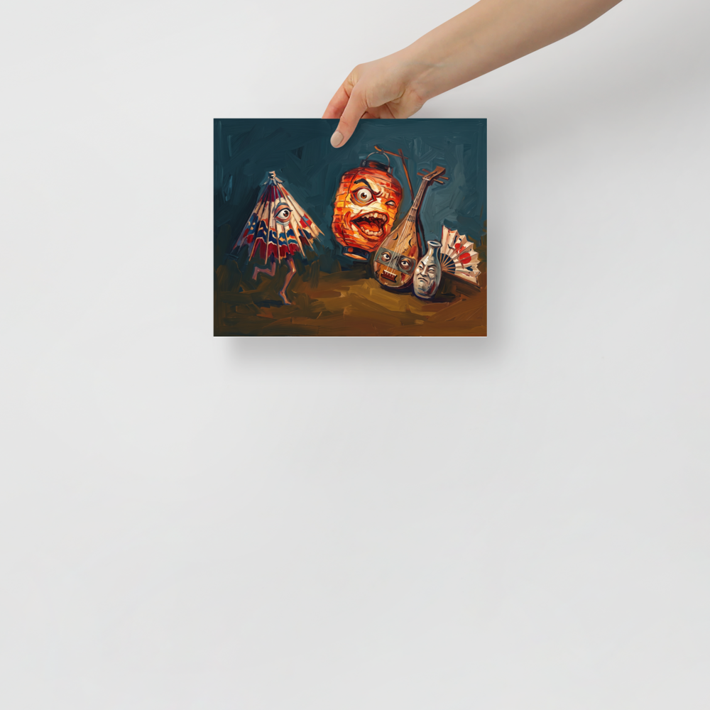 A amusement / humorous Japanese art print, 'Night of the Tsukumogami'. A vibrant oil painting of Japanese yokai spirits like paper umbrella and lantern monsters in a living room wall art arrangement.