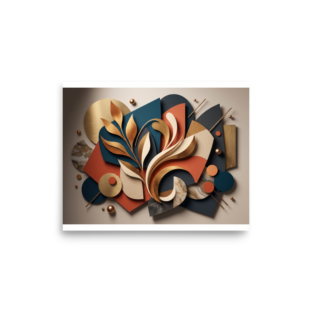 An elegant 3D paper cut collage featuring golden botanical leaves layered over geometric teal and terracotta shapes, ideal for a modern bedroom or living room. A Geometric abstract art print with a digital art look, titled 'Botanical Relief in Gold and Teal'.