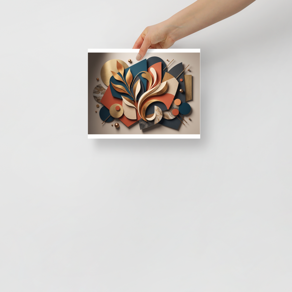 An elegant 3D paper cut collage featuring golden botanical leaves layered over geometric teal and terracotta shapes, ideal for a modern bedroom or living room. Available as the Geometric abstract art art print 'Botanical Relief in Gold and Teal'.