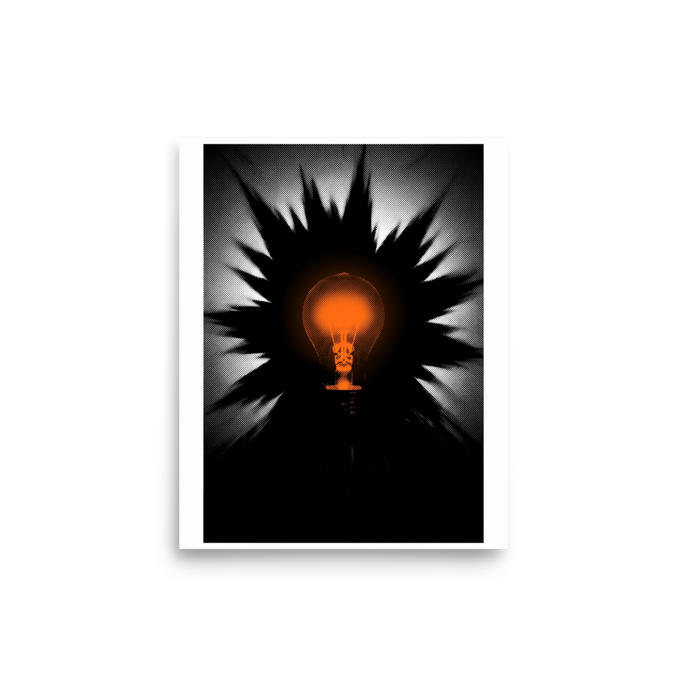 A graphic halftone print of a glowing orange lightbulb surrounded by starburst rays in a modern studio. A Pop art print with a digital art look, titled 'Spark of Innovation'.