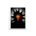 A graphic halftone print of a glowing orange lightbulb surrounded by starburst rays in a modern studio. A Pop art print with a digital art look, titled 'Spark of Innovation'.