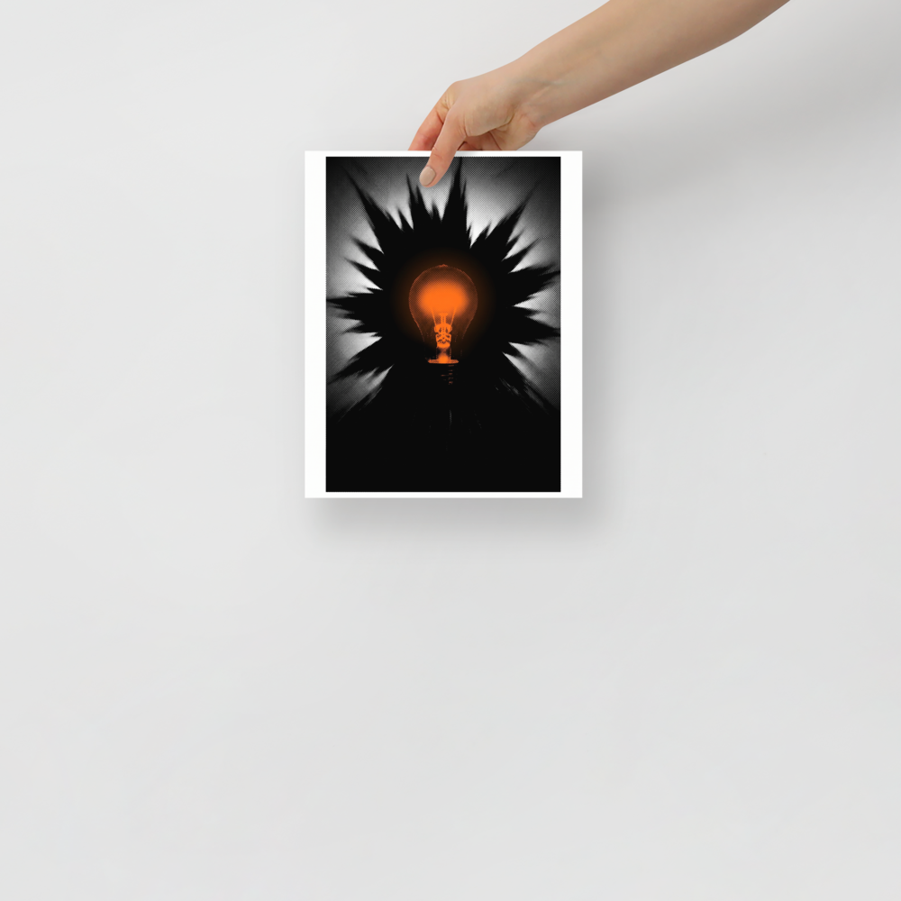 A graphic halftone print of a glowing orange lightbulb surrounded by starburst rays in a modern studio. 'Spark of Innovation', a Pop art print for the wall.