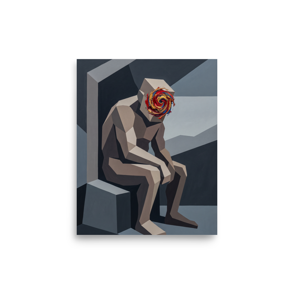 'Vortex of Thought', Cubism wall art in slate gray and crimson. A cubist painting of a seated geometric figure with a swirling red and blue vortex face in a boardroom wall art layout.