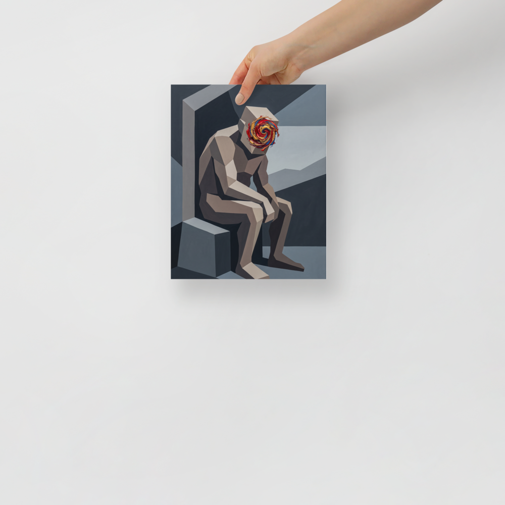 A cubist painting of a seated geometric figure with a swirling red and blue vortex face in a boardroom wall art layout. Available as the Cubism art print 'Vortex of Thought'.