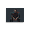 A somber painting of Frankenstein's monster sitting bowed with stitched hands in a dark den wall art setting. Shown here as the Expressionism print 'Frankenstein's Solitude'.